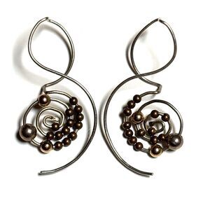 Silver Spiral Threader Earrings Copper Silver Beads Artisan Handcrafted